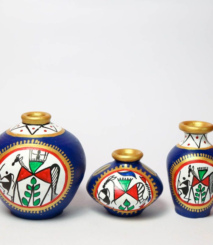 Blue-Warli-Hand-Painted-Earthen-Terracotta-Pots-Set-of-3-Pots-FrontView-RainbowFeathers.jpg