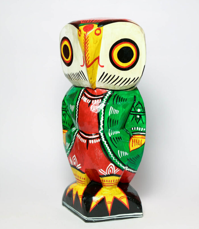 Go-Lucky-Wooden-Owl-Handcrafted-Showpiece–15-Inches-WhiteBG-SideView-RainbowFeathers.jpg