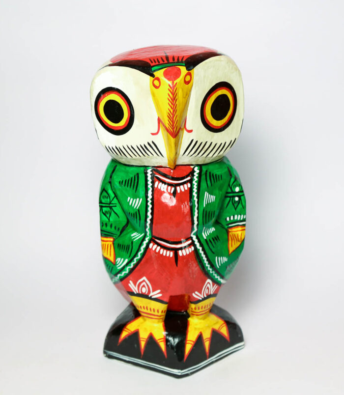 Go-Lucky-Wooden-Owl-Handcrafted-Showpiece–15-Inches-WhiteBG-TopView-RainbowFeathers.jpg