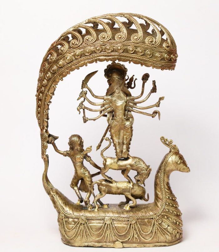 Goddess-Durga-on-Mor-in-Intricate-Dhokra-Art-Form-WhiteBG-BackView-RainbowFeathers.jpg