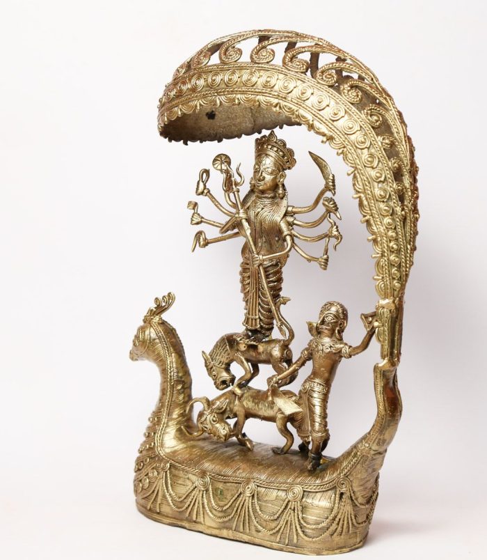 Goddess-Durga-on-Mor-in-Intricate-Dhokra-Art-Form-WhiteBG-SideView-RainbowFeathers.jpg