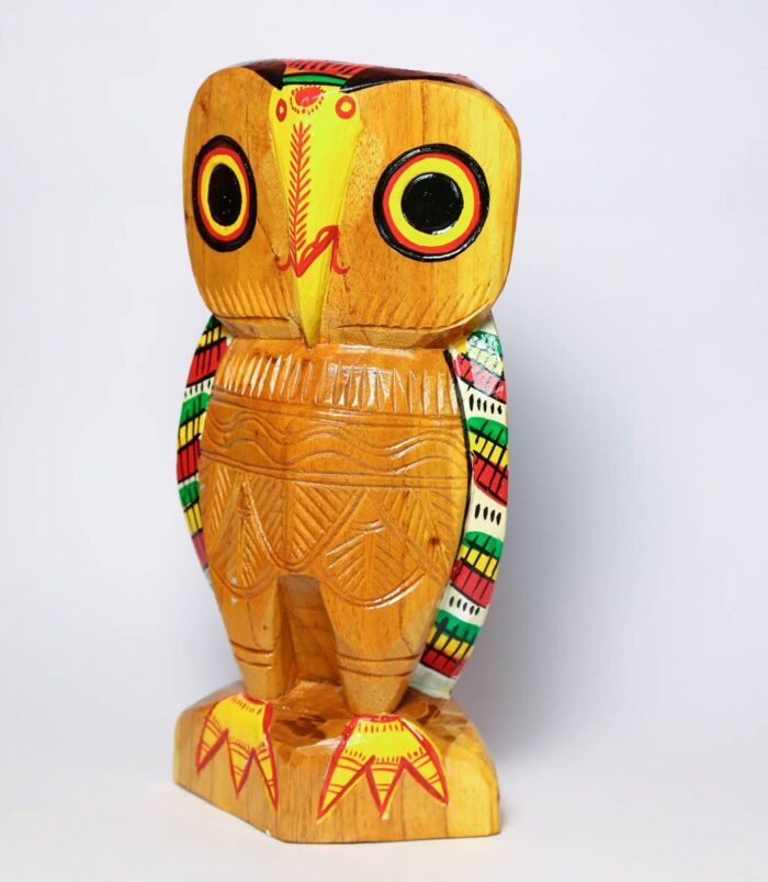 Night-Bird-Wooden-Owl-Handcrafted-Showpiece–15-Inches-WhiteBG-SideView-RainbowFeathers.jpg