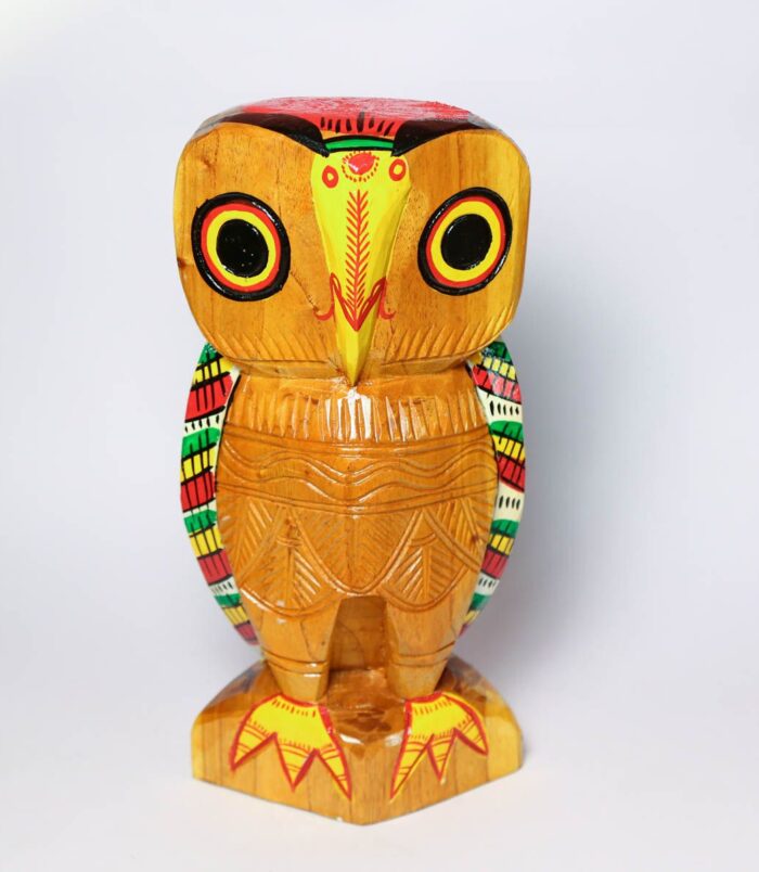 Night-Bird-Wooden-Owl-Handcrafted-Showpiece–15-Inches-WhiteBG-TopView-RainbowFeathers.jpg