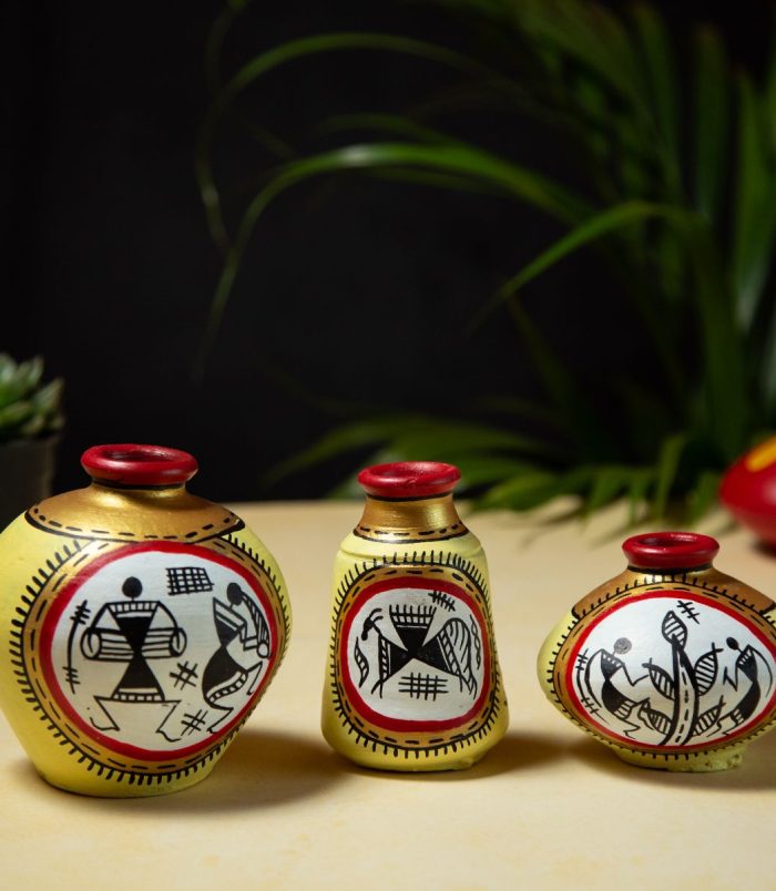 Set-of-3-Miniature-Warli-Hand-Painted-Golden-Yellow-Pots-RainbowFeathers.jpg