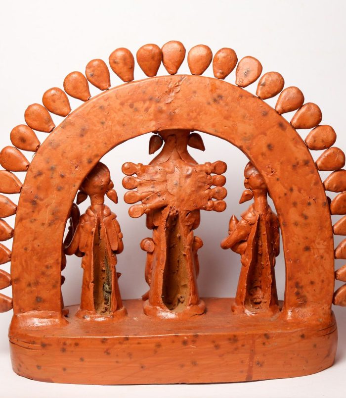 Terracotta-Devi-Durga-with-her-Children-in-Single-Frame-Ekchala-Durga-WhiteBG-BackView-RainbowFeathers.jpg
