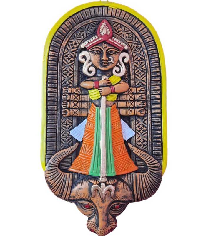 Terracotta-Handpainted-Devi-Durga-as-Slayer-of-Mahishasura-Mohishasur-Mordini-WhiteBG-RainbowFeathers-1.jpg