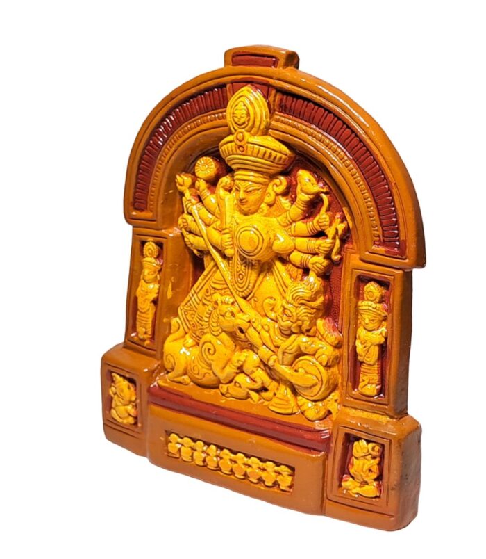 Terracotta Bonedi-Barir-Maa-Durga-WhiteBG-LeftView-RainbowFeathers