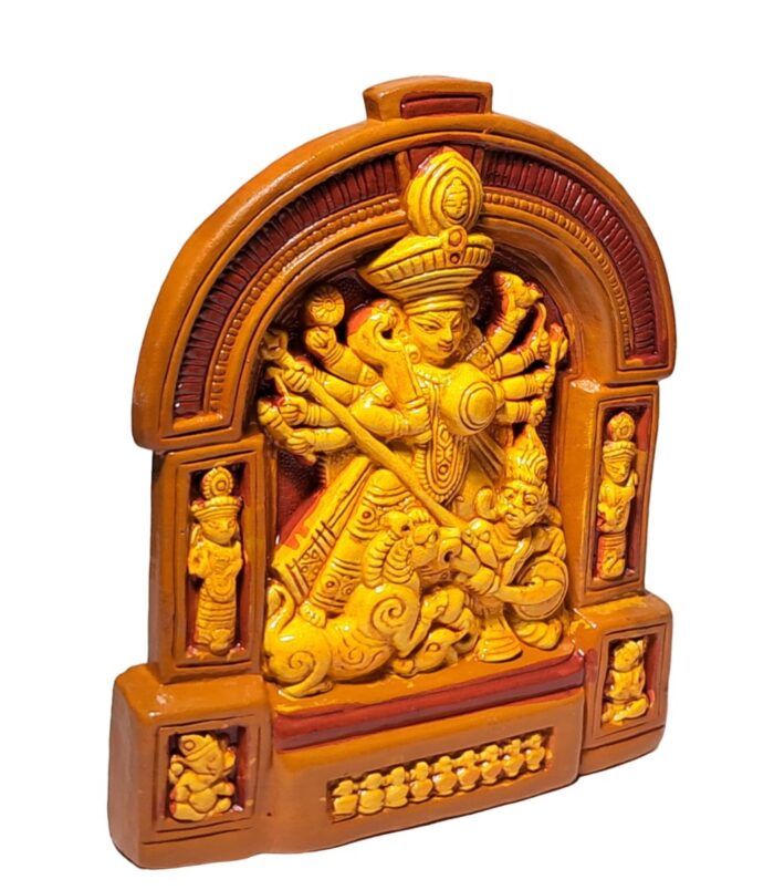 Terracotta Bonedi-Barir-Maa-Durga-WhiteBG-RightView-RainbowFeathers