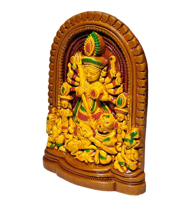 Terracotta-Handpainted-Ekachala-Durga-Small-Size-WhiteBG-LeftView-RainbowFeathers Terracotta-Handpainted-Ekachala-Durga-Small-Size-WhiteBG-LeftView-RainbowFeathers