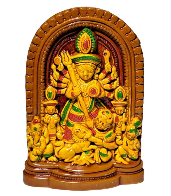 Terracotta-Handpainted-Ekachala-Durga-Small-Size-WhiteBG-RainbowFeathers Terracotta Handpainted Ekachala Durga