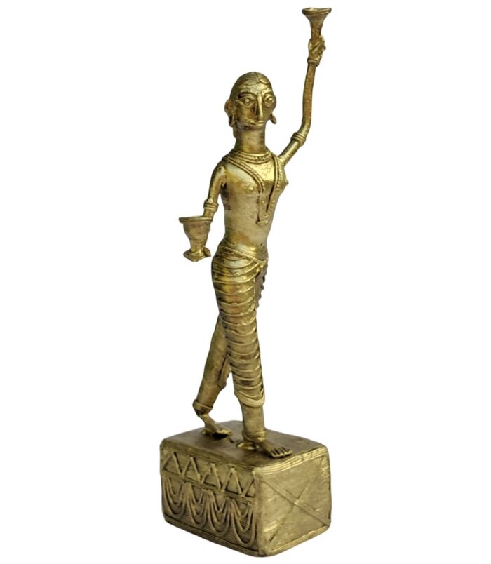 Dhokra-Dhunuchi-Nach-Hand-Crafted-Decorative-Showpiece-WhiteBG-LeftView-RainbowFeathers