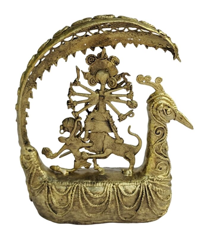 Dhokra-Mor-Pankh-Devi-Durga-Small-WhiteBG-BackView-RainbowFeathers