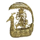Dhokra-Mor-Pankh-Devi-Durga-Small-WhiteBG-LeftView-RainbowFeathers