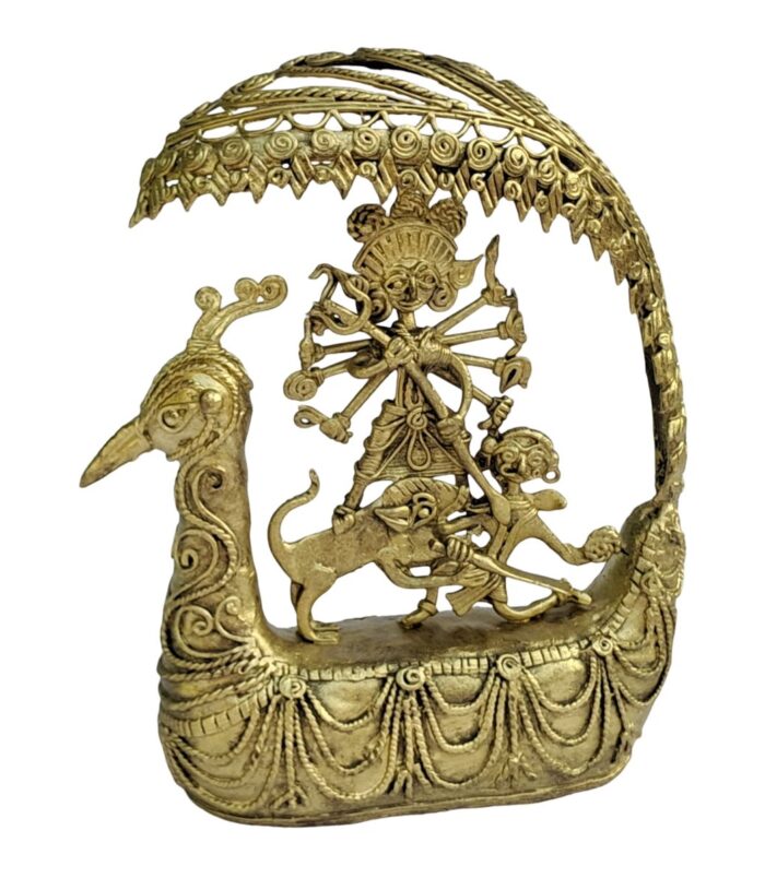 Dhokra-Mor-Pankh-Devi-Durga-Small-WhiteBG-LeftView-RainbowFeathers