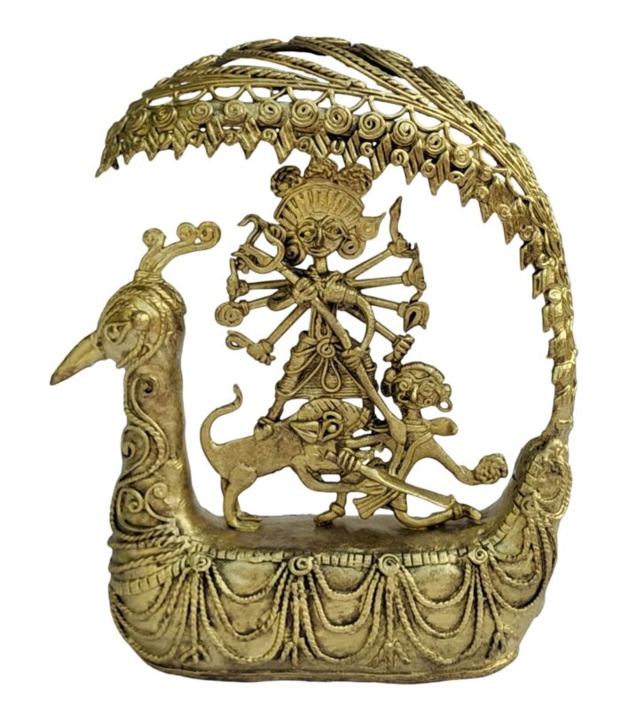 Dhokra-Mor-Pankh-Devi-Durga-Small-WhiteBG-RainbowFeathers