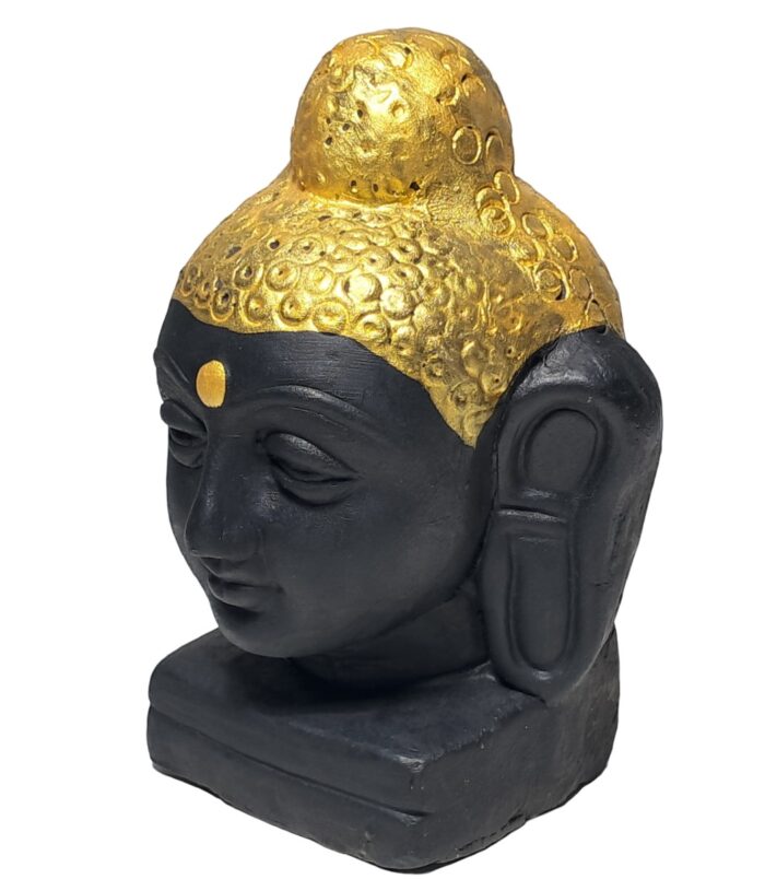 Terracotta-Handmade-Decorative-Buddha-Face-WhiteBG-LeftView-RainbowFeathers