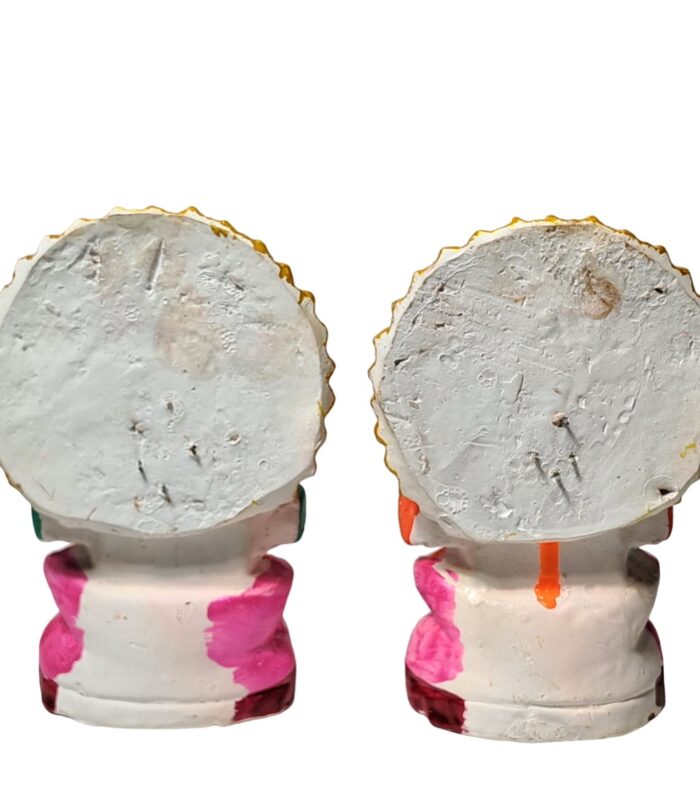 Terracotta-Handmade-Lakshmi-Ganesh-Pair-Size-4-Inch-WhiteBG-BackView-RainbowFeathers