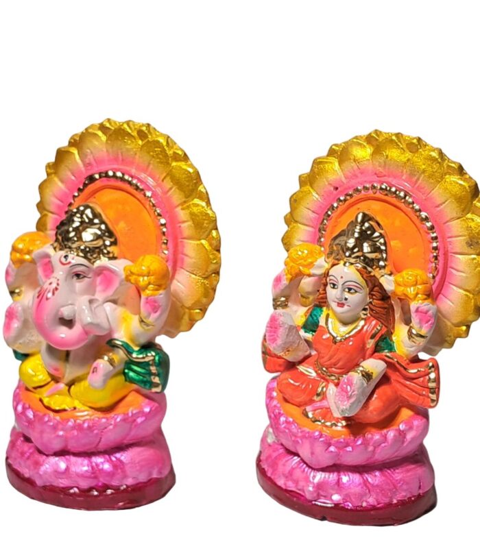 Terracotta-Handmade-Lakshmi-Ganesh-Pair-Size-4-Inch-WhiteBG-LeftView-RainbowFeathers