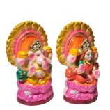 Terracotta-Handmade-Lakshmi-Ganesh-Pair-Size-4-Inch-WhiteBG-RightView-RainbowFeathers