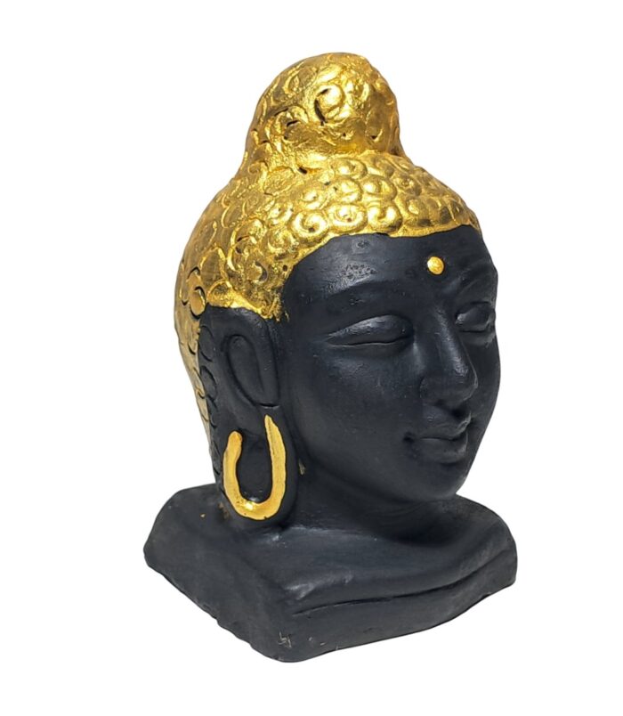 Terracotta-Handpainted-Buddha-Face-Black-WhiteBG-LeftView-RainbowFeathers