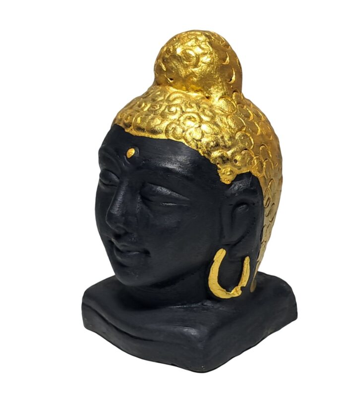 Terracotta-Handpainted-Buddha-Face-Black-WhiteBG-RightView-RainbowFeathers