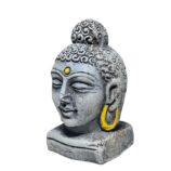 Terracotta-Handpainted-Buddha-Face-WhiteBG-LeftView-RainbowFeathers