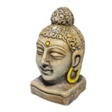 Terracotta-Handpainted-Buddha-Face-WhiteBG-LeftView-RainbowFeathers