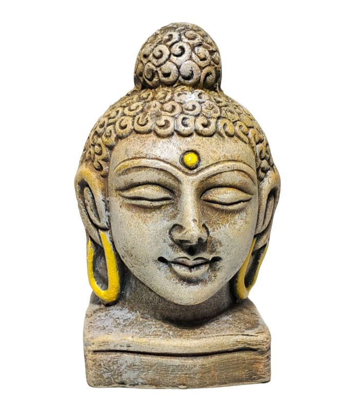 Terracotta-Handpainted-Buddha-Face-WhiteBG-RainbowFeathers