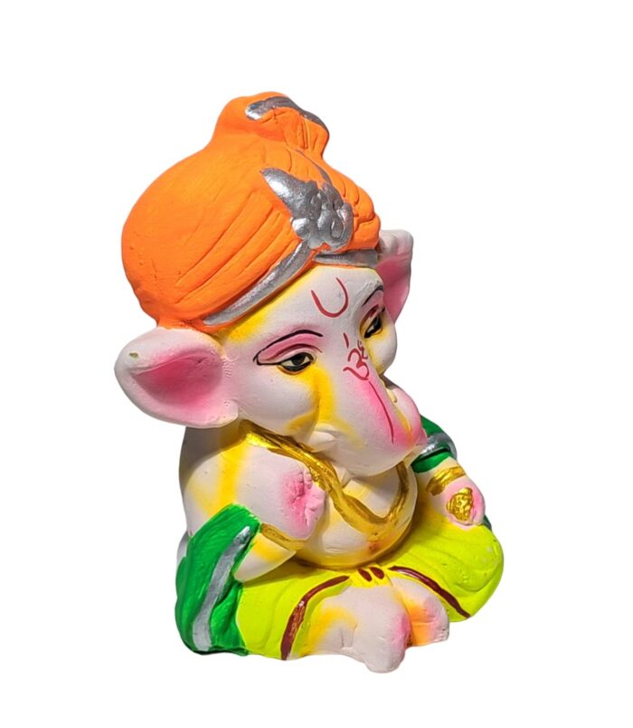 Terracotta-Handpainted-Decorative-Ganesha-Idol-WhiteBG-RightView-RainbowFeathers