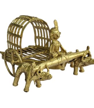 Dhokra-Bullock-Cart-Hand-Crafted-Decorative-Showpiece-WhiteBG-LeftView-RainbowFeathers