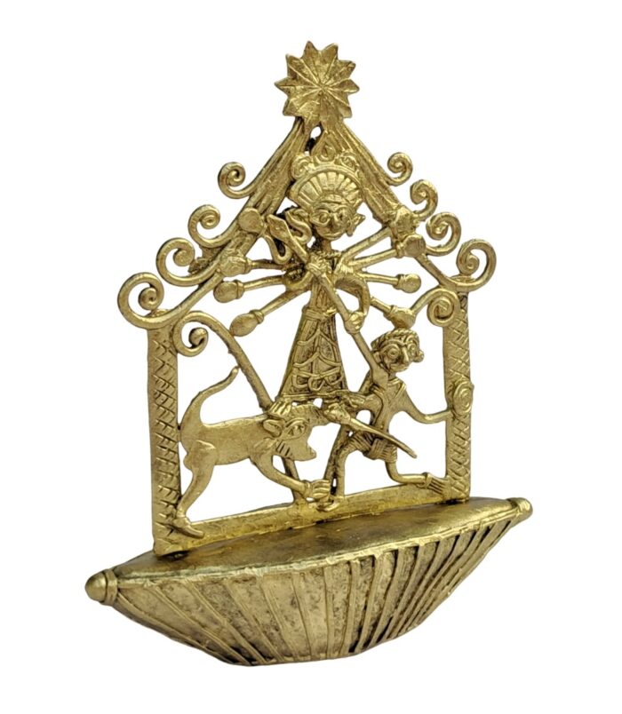 Dhokra-Devi-Durga-on-Boat-WhiteBG-LeftView-RainbowFeathers