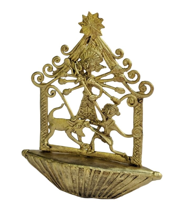 Dhokra-Devi-Durga-on-Boat-WhiteBG-RightView-RainbowFeathers