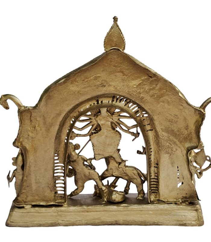 Dhokra-Devi-Durga-with-Gorgeous-Mor-Backdrop-WhiteBG-BackView-RainbowFeathers