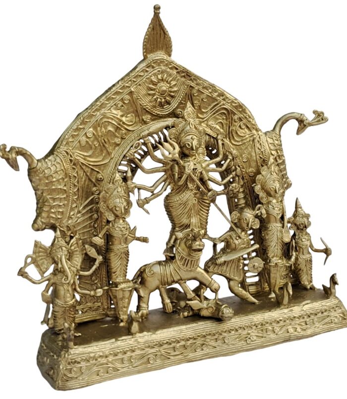 Dhokra-Devi-Durga-with-Gorgeous-Mor-Backdrop-WhiteBG-LeftView-RainbowFeathers