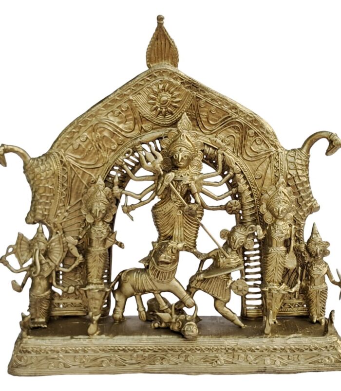 Dhokra-Devi-Durga-with-Gorgeous-Mor-Backdrop-WhiteBG-RainbowFeathers