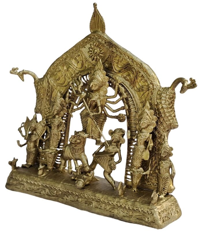 Dhokra-Devi-Durga-with-Gorgeous-Mor-Backdrop-WhiteBG-RightView-RainbowFeathers