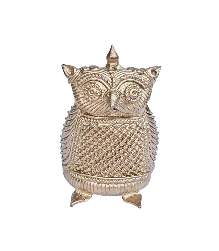 Dhokra-Owl-Hand-Crafted-Decorative-Showpiece-WhiteBG-RainbowFeathers