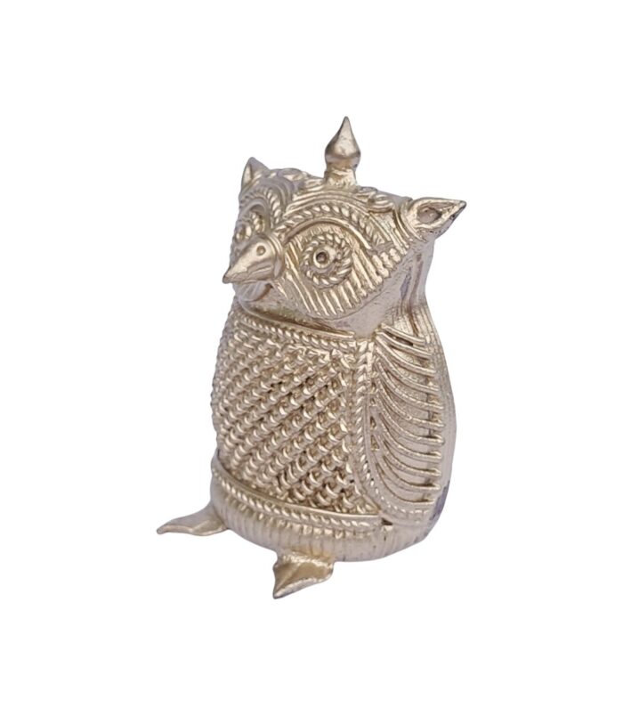 Dhokra-Owl-Hand-Crafted-Decorative-Showpiece-WhiteBG-RightView-RainbowFeathers