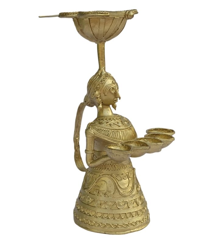 Dhokra-Tribal-Lady-with-Diya-WhiteBG-LeftView-RainbowFeathers