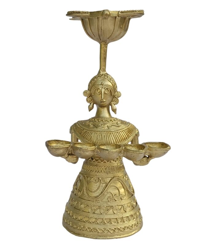 Dhokra-Tribal-Lady-with-Diya-WhiteBG-RainbowFeathers