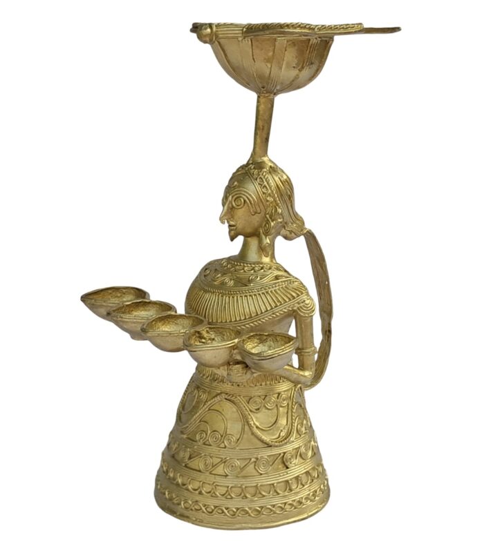 Dhokra-Tribal-Lady-with-Diya-WhiteBG-RightView-RainbowFeathers