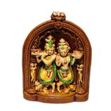 Terracotta-Handpainted-Miniature Radha Krishna-WhiteBG-RainbowFeathers