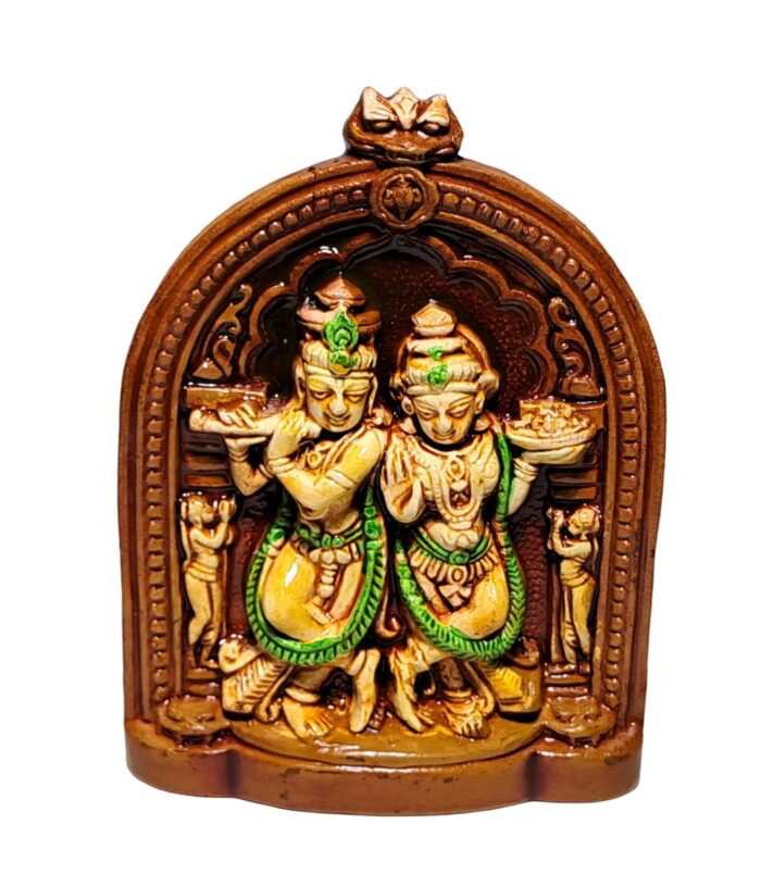 Terracotta-Handpainted-Miniature Radha Krishna-WhiteBG-RainbowFeathers