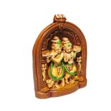 Terracotta-Handpainted-Miniature Radha Krishna-WhiteBG-RightView-RainbowFeathers