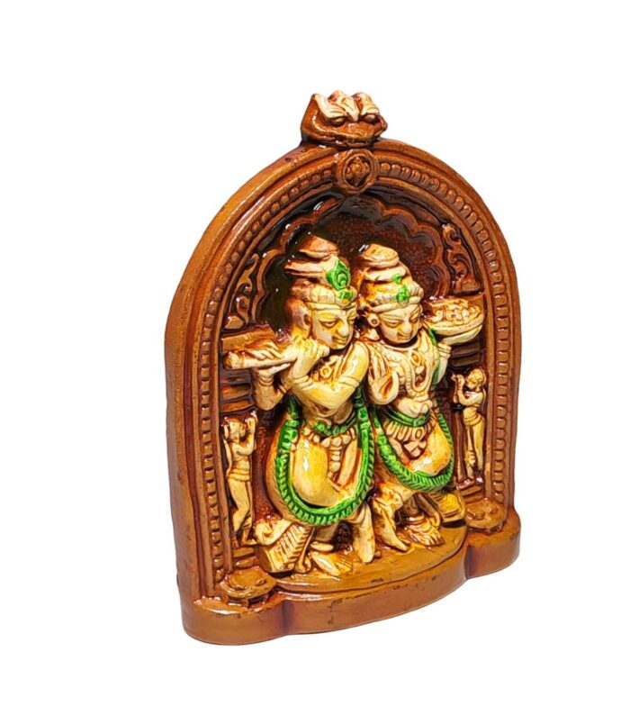Terracotta-Handpainted-Miniature Radha Krishna-WhiteBG-RightView-RainbowFeathers